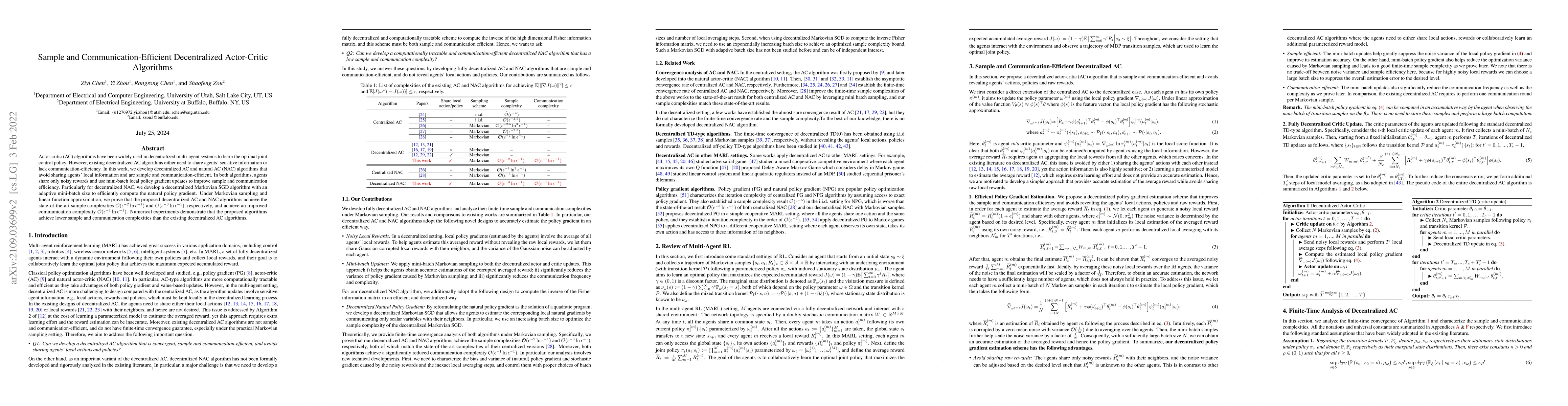 Thumbnail for Sample and Communication-Efficient Decentralized Actor-Critic Algorithms
  with Finite-Time Analysis