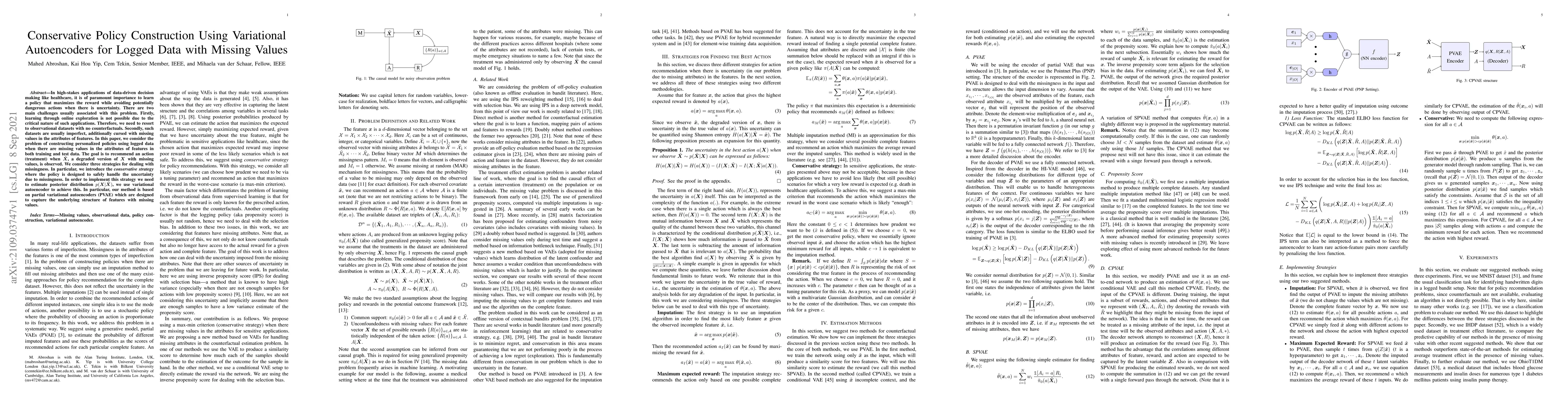 Thumbnail for Conservative Policy Construction Using Variational Autoencoders for
  Logged Data with Missing Values