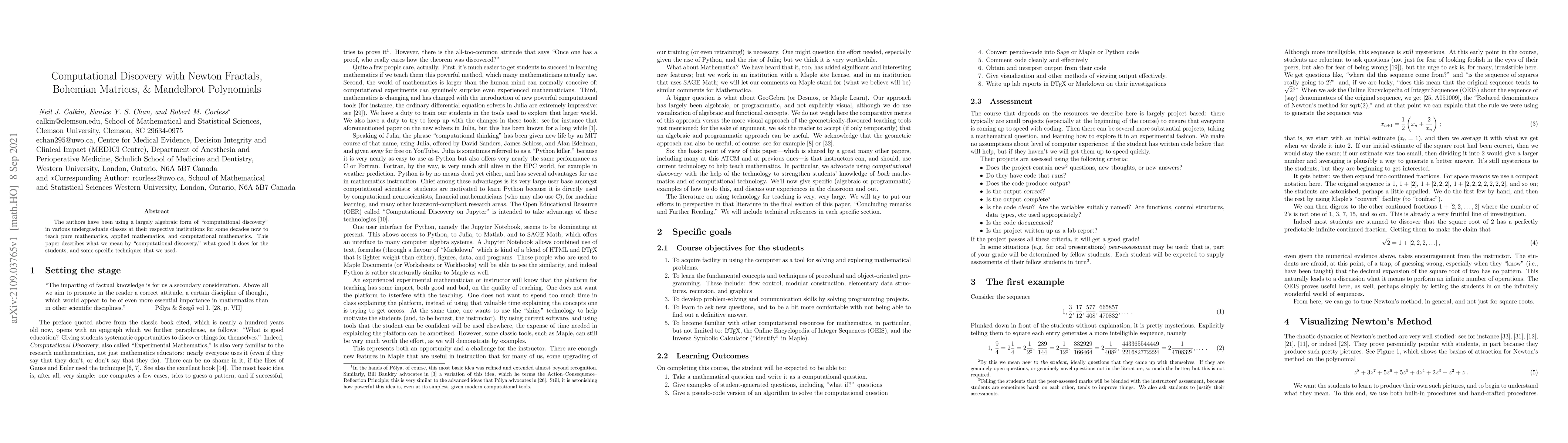 Thumbnail for Computational Discovery with Newton Fractals, Bohemian Matrices, &
  Mandelbrot Polynomials