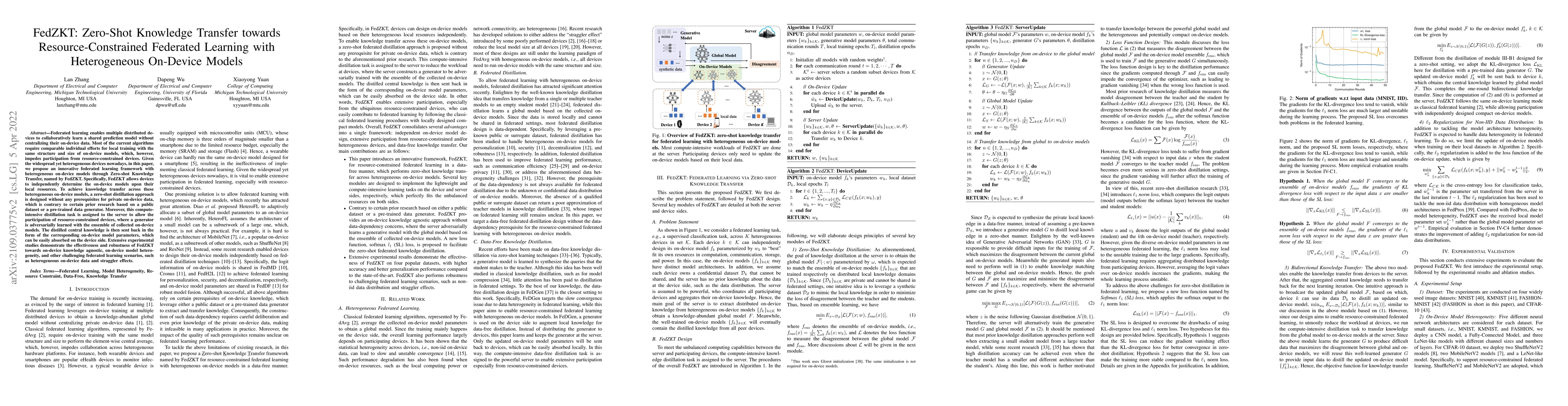 Thumbnail for FedZKT: Zero-Shot Knowledge Transfer towards Resource-Constrained
  Federated Learning with Heterogeneous On-Device Models