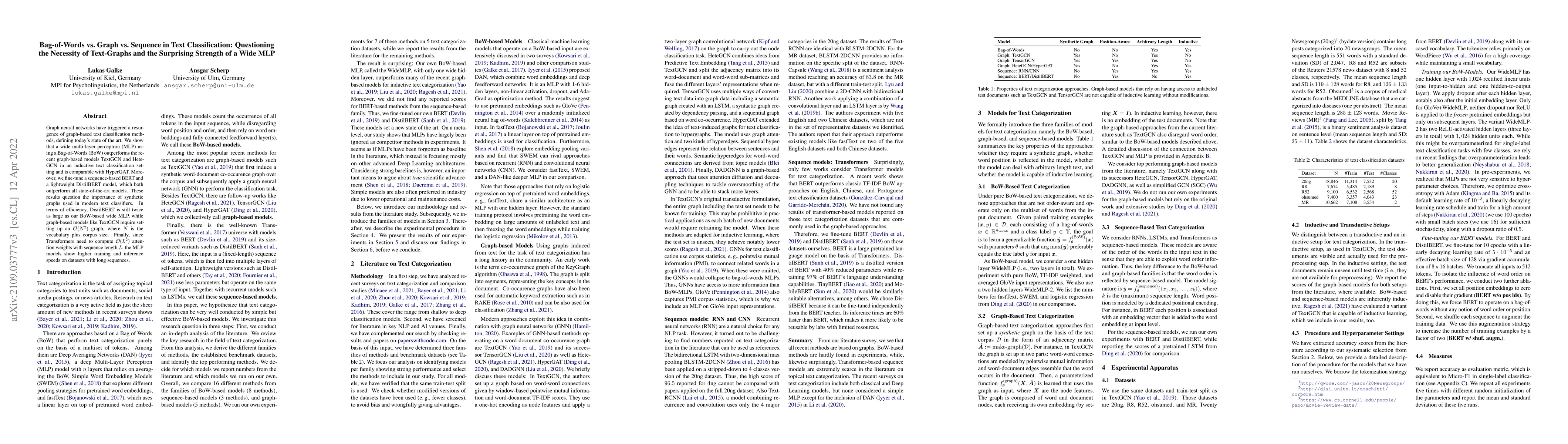 Thumbnail for Bag-of-Words vs. Graph vs. Sequence in Text Classification: Questioning
  the Necessity of Text-Graphs and the Surprising Strength of a Wide MLP