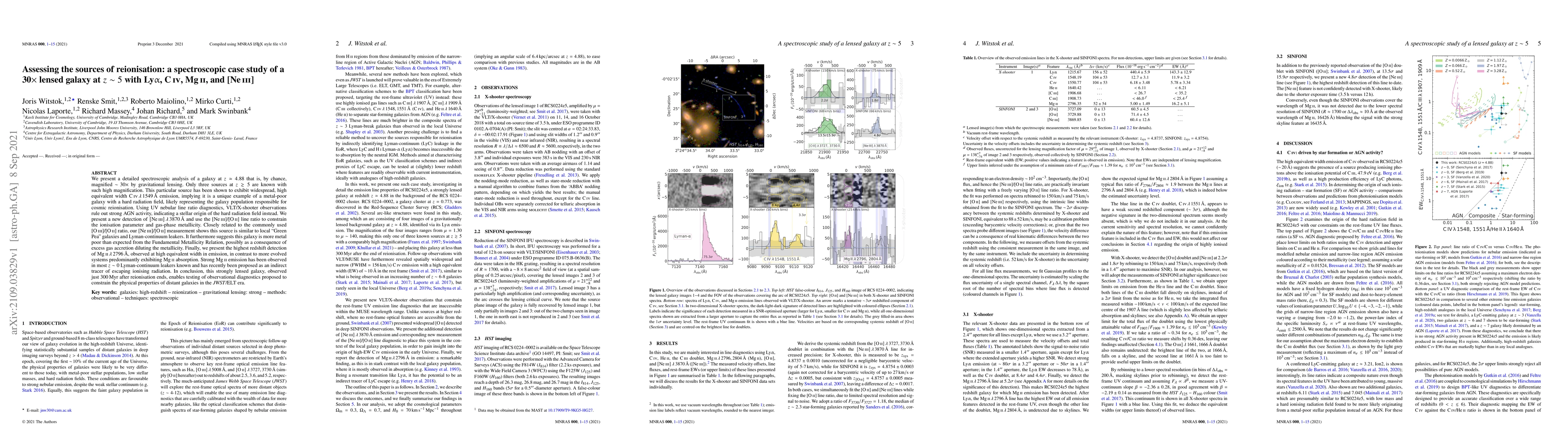 Thumbnail for Assessing the sources of reionisation: a spectroscopic case study of a
  30$\times$ lensed galaxy at $z \sim 5$ with Ly{\alpha}, CIV, MgII, and
  [NeIII]