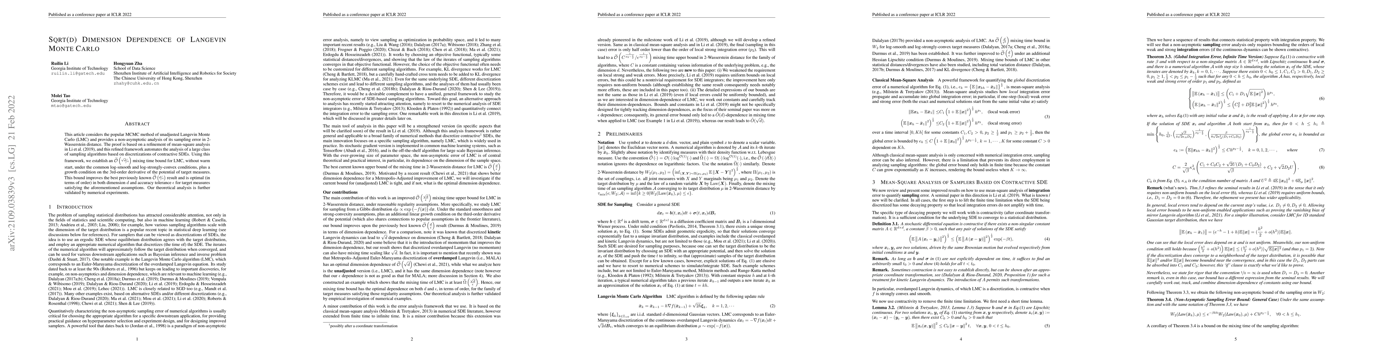 Thumbnail for Sqrt(d) Dimension Dependence of Langevin Monte Carlo
