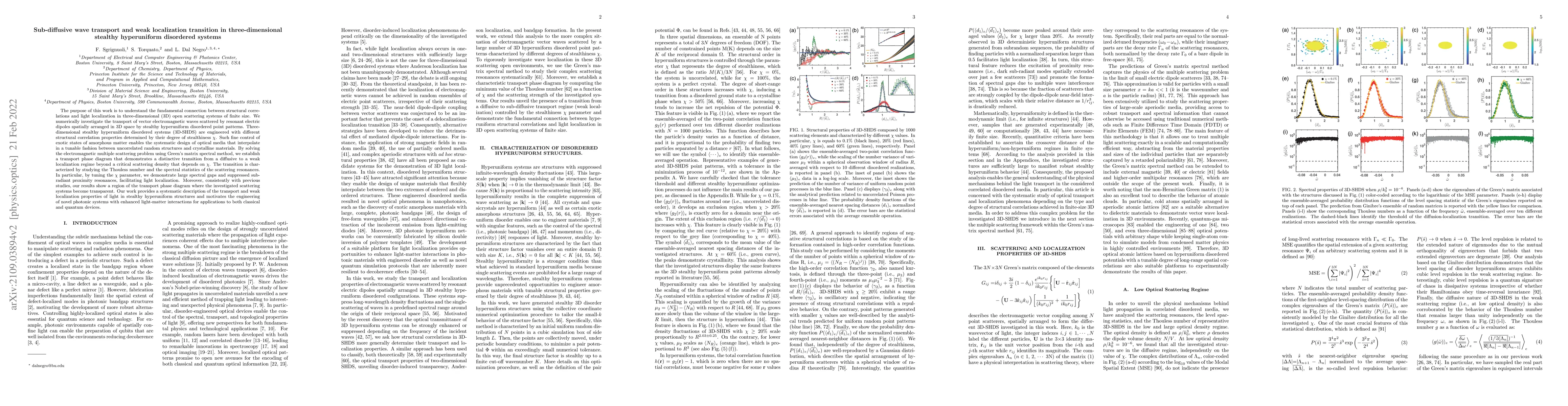 Thumbnail for Sub-diffusive wave transport and weak localization transition in
  three-dimensional stealthy hyperuniform disordered systems
