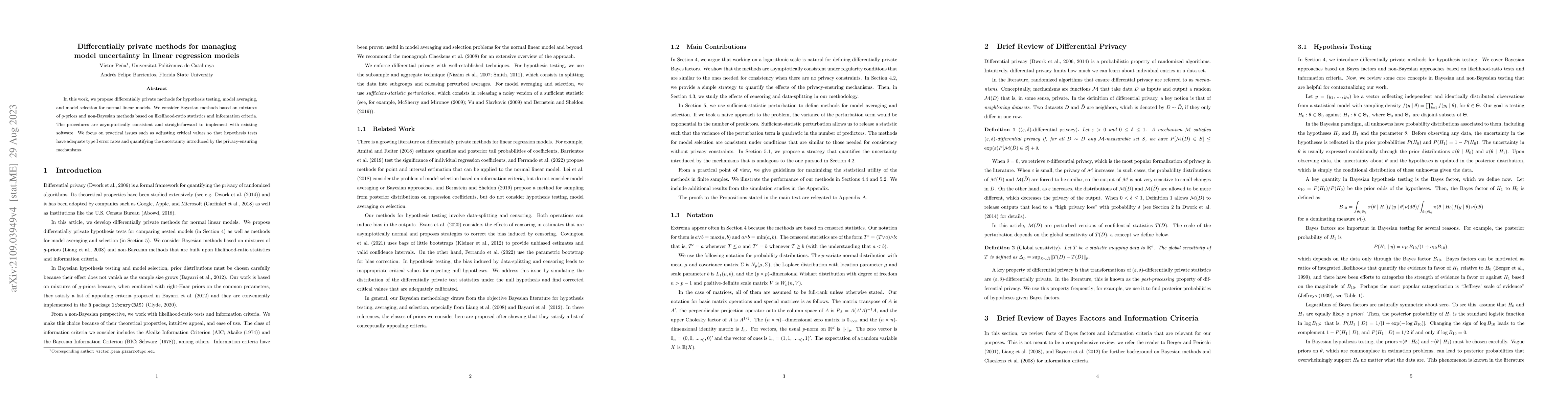 Thumbnail for Differentially private methods for managing model uncertainty in linear
  regression models