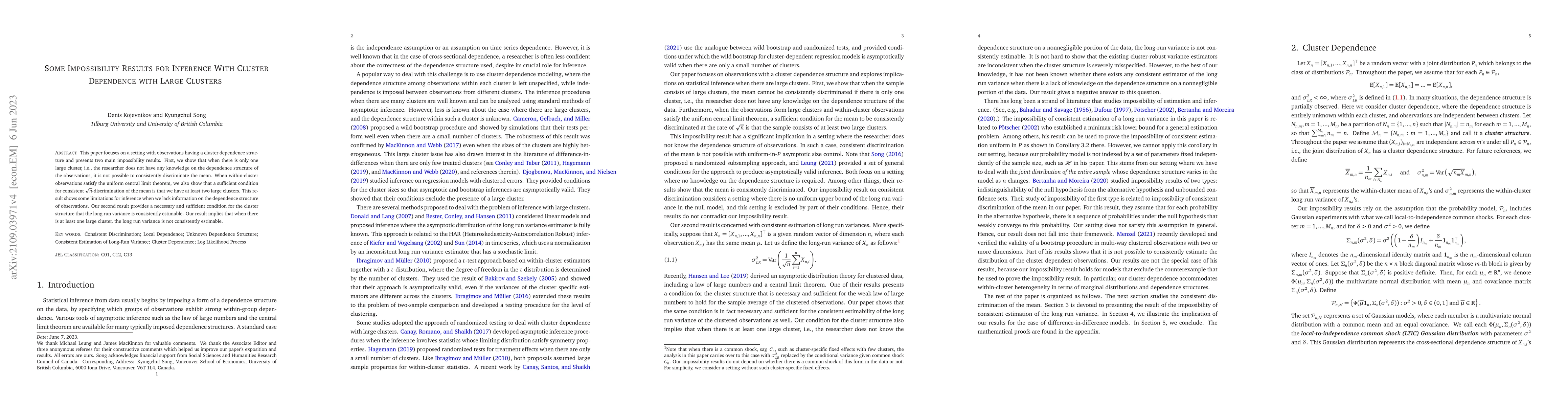 Thumbnail for Some Impossibility Results for Inference With Cluster Dependence with
  Large Clusters