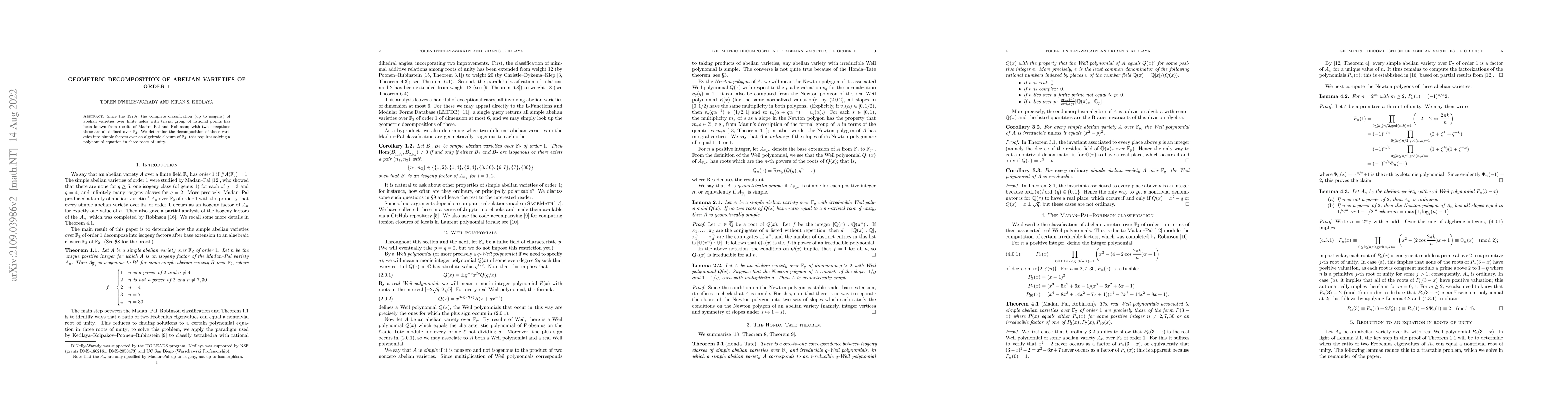 Thumbnail for Geometric decomposition of abelian varieties of order 1
