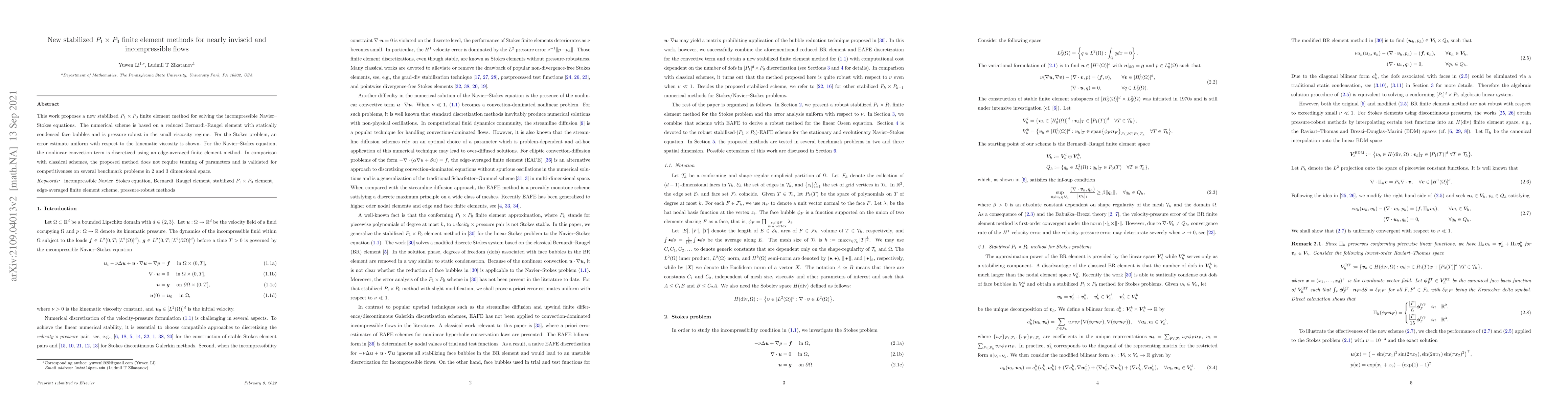 Thumbnail for New stabilized $P_1\times P_0$ finite element methods for nearly
  inviscid and incompressible flows