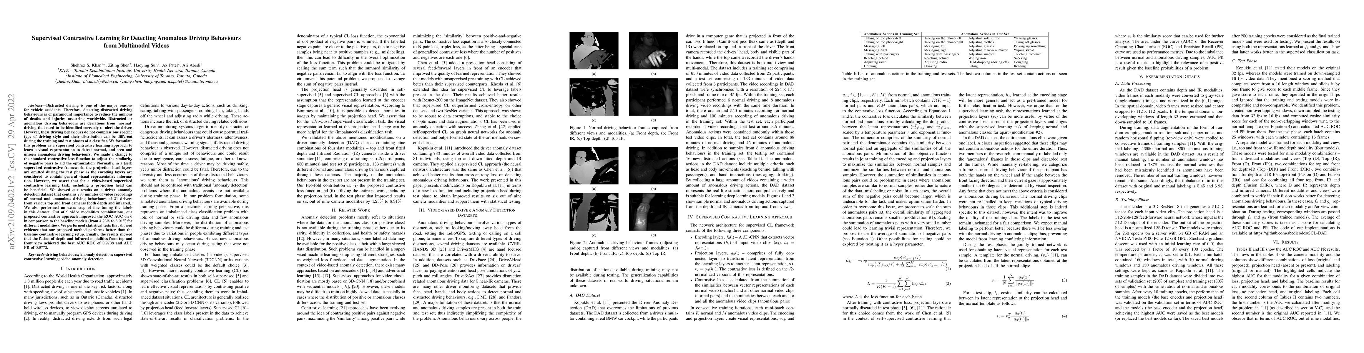 Thumbnail for Supervised Contrastive Learning for Detecting Anomalous Driving
  Behaviours from Multimodal Videos