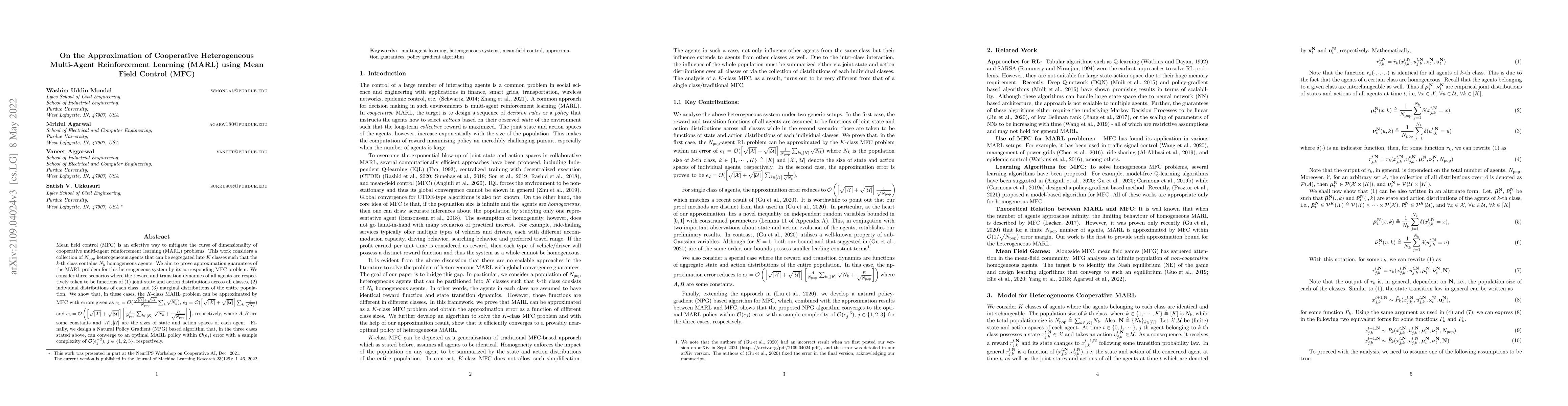 Thumbnail for On the Approximation of Cooperative Heterogeneous Multi-Agent
  Reinforcement Learning (MARL) using Mean Field Control (MFC)