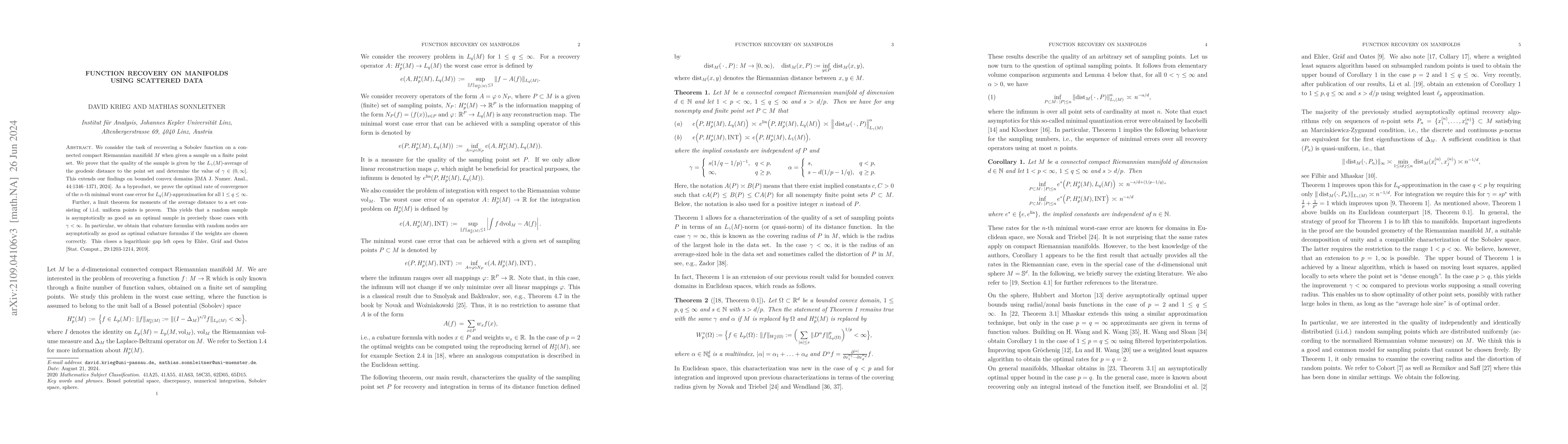 Thumbnail for Function recovery on manifolds using scattered data