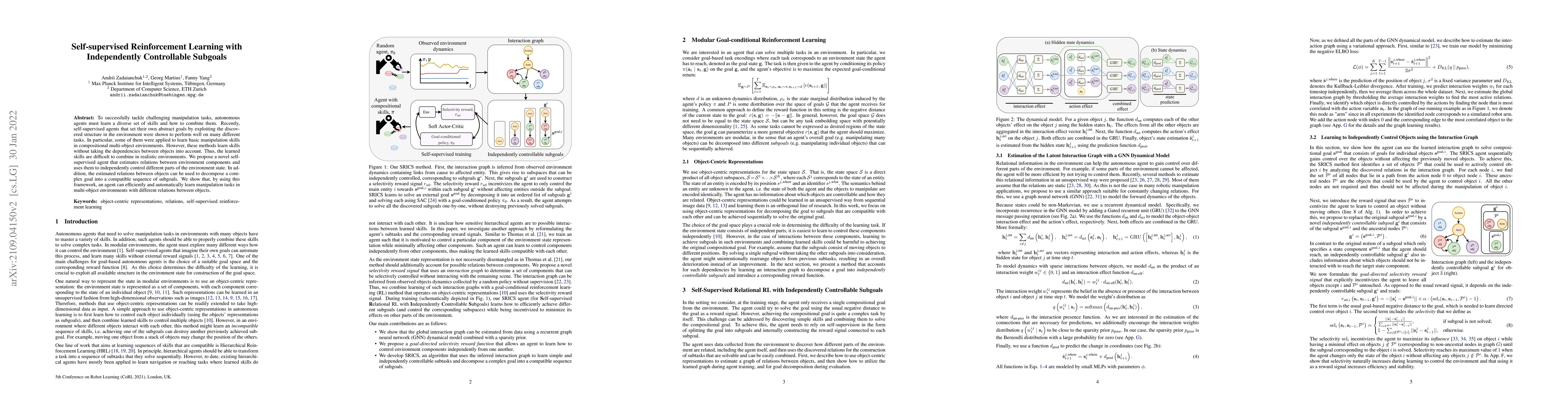 Thumbnail for Self-supervised Reinforcement Learning with Independently Controllable
  Subgoals
