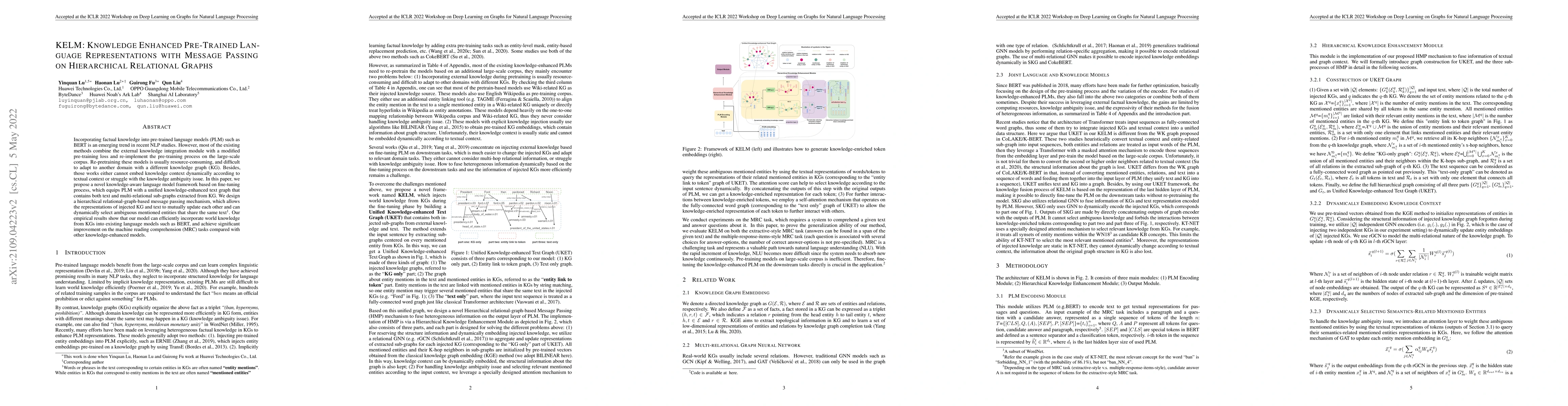 Thumbnail for KELM: Knowledge Enhanced Pre-Trained Language Representations with
  Message Passing on Hierarchical Relational Graphs