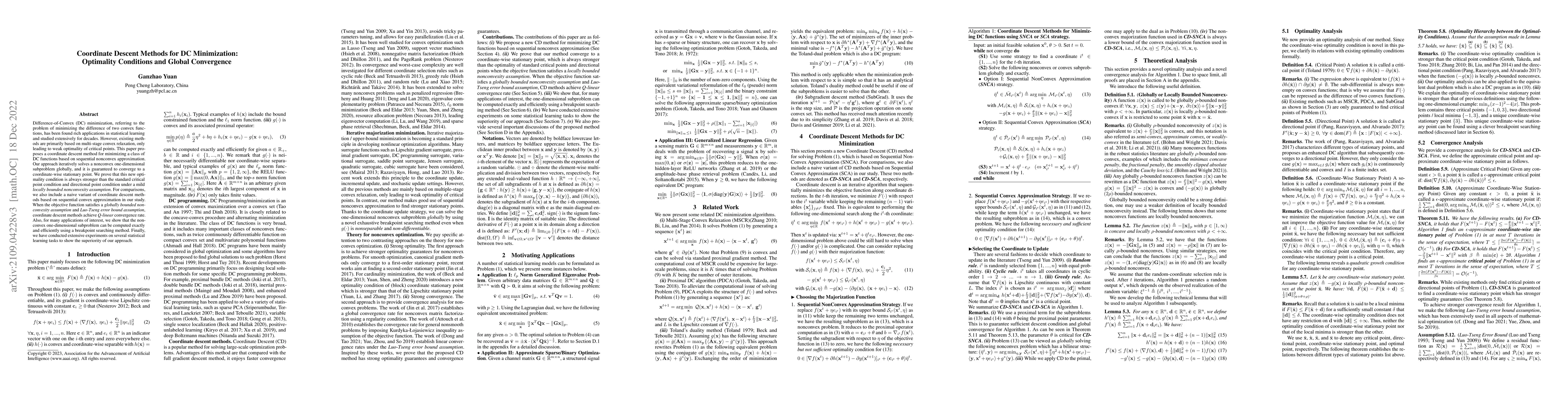 Thumbnail for Coordinate Descent Methods for DC Minimization: Optimality Conditions
  and Global Convergence