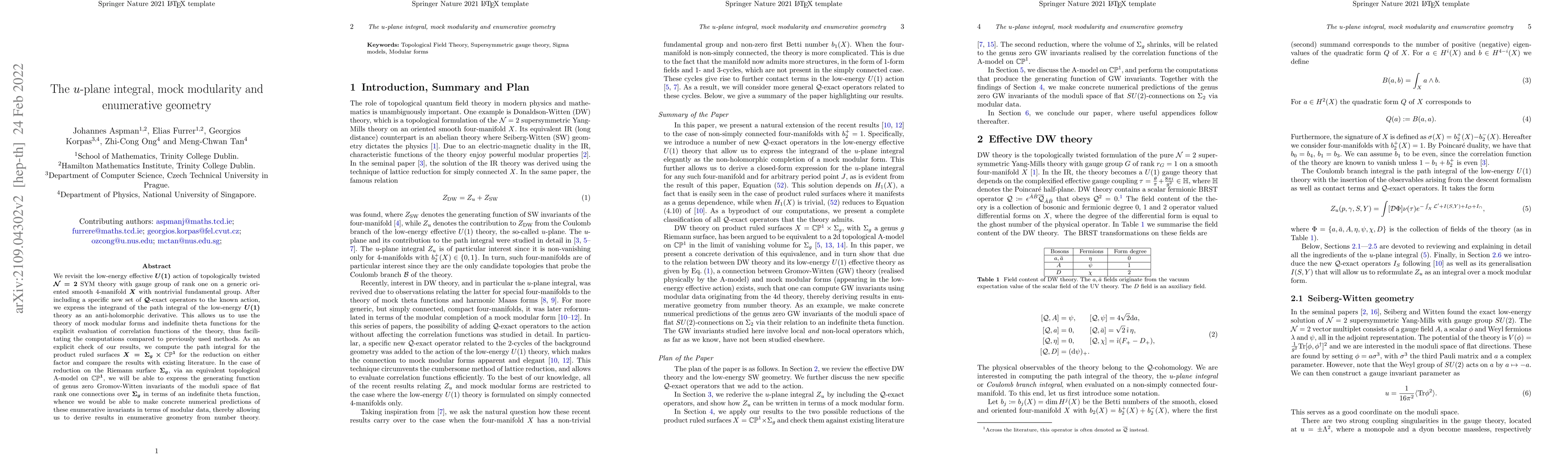 Thumbnail for The $u$-plane integral, mock modularity and enumerative geometry
