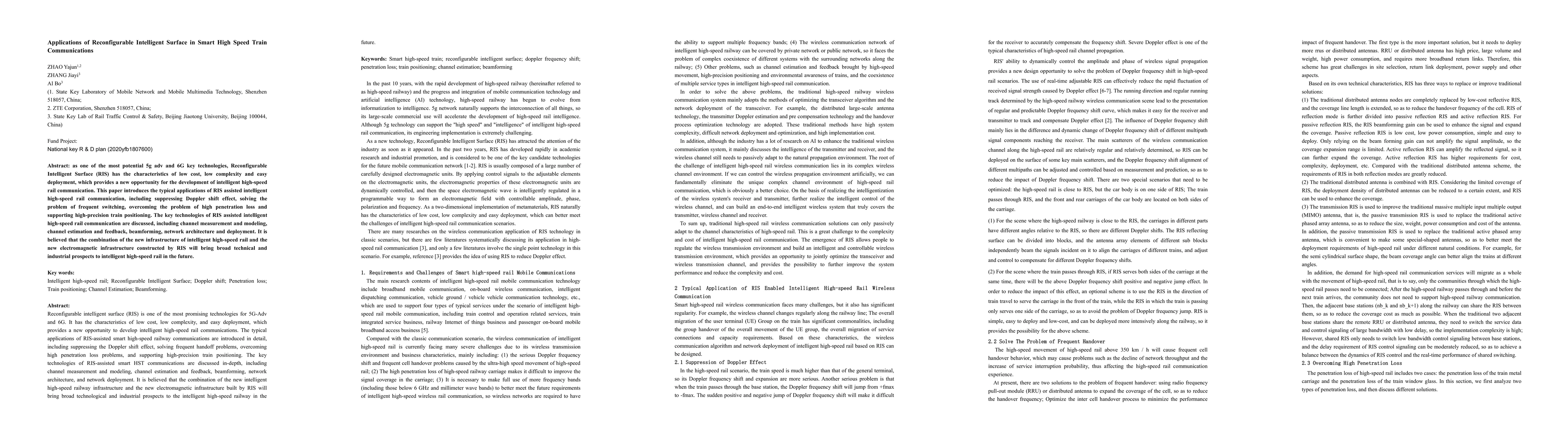 Thumbnail for Applications of Reconfigurable Intelligent Surface in Smart High Speed
  Train Communications