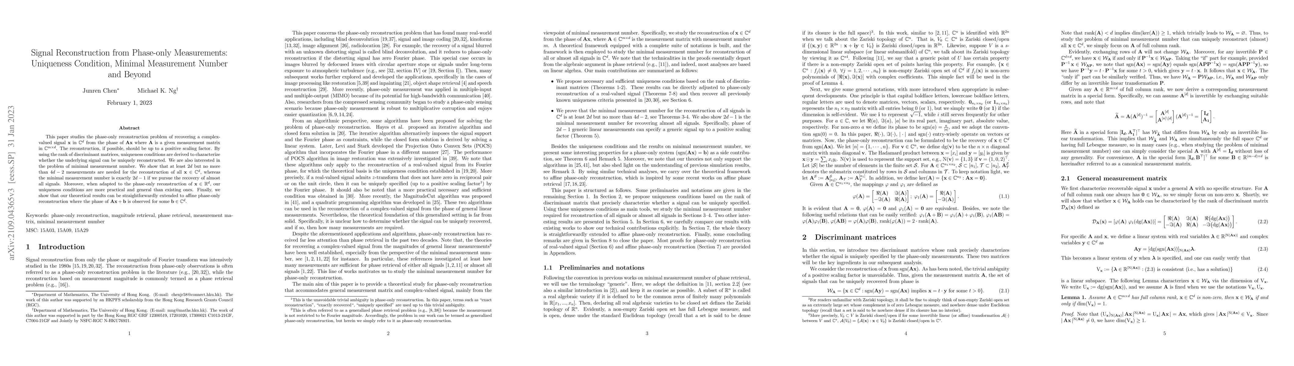 Thumbnail for Signal Reconstruction from Phase-only Measurements: Uniqueness
  Condition, Minimal Measurement Number and Beyond