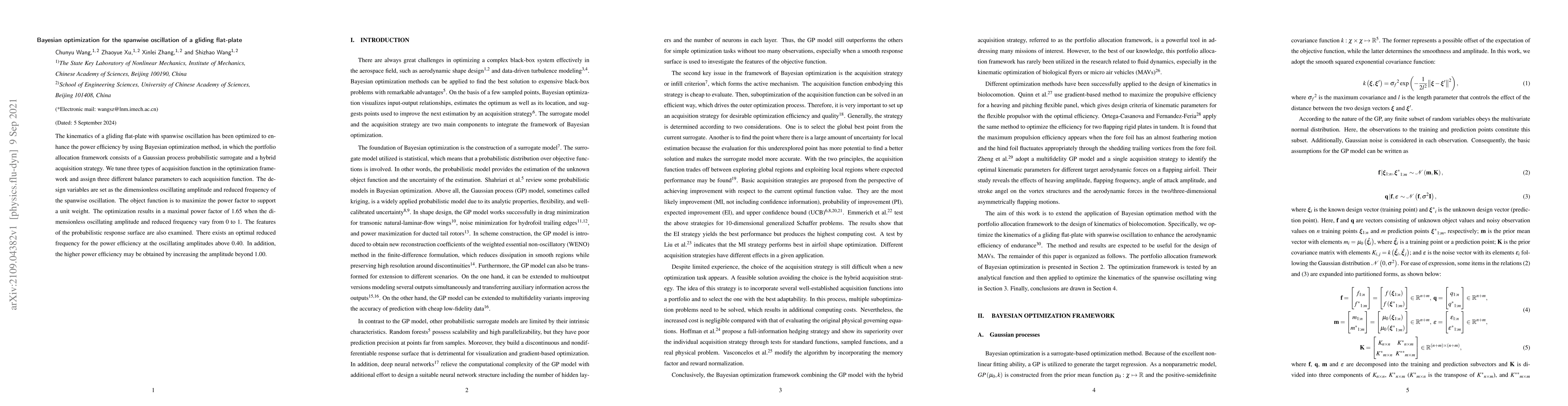 Thumbnail for Bayesian optimization for the spanwise oscillation of a gliding
  flat-plate