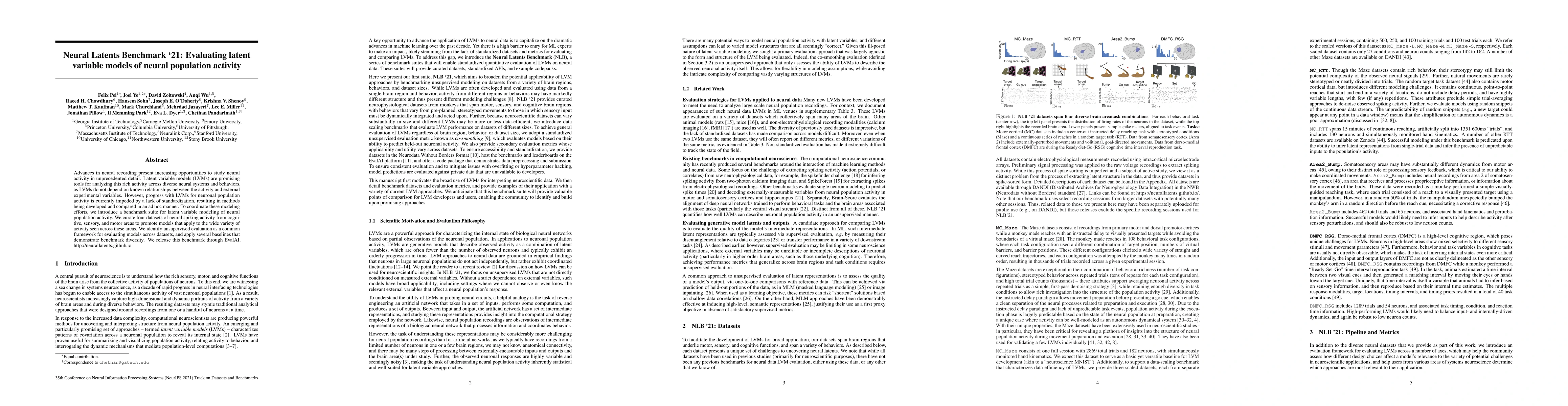 Thumbnail for Neural Latents Benchmark '21: Evaluating latent variable models of
  neural population activity
