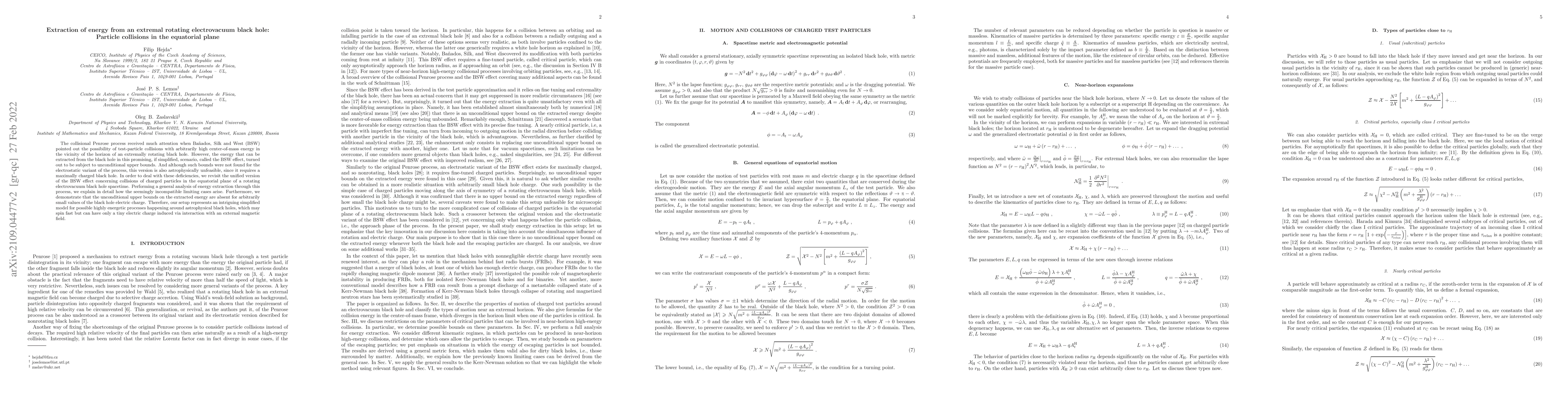 Thumbnail for Extraction of energy from an extremal rotating electrovacuum black hole:
  Particle collisions in the equatorial plane