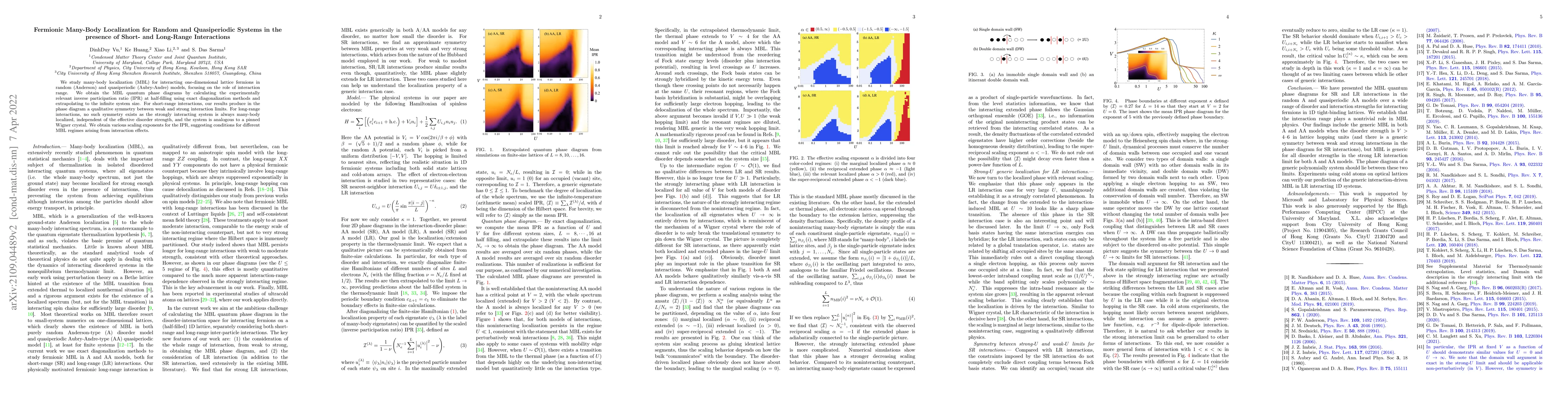 Thumbnail for Fermionic many-body localization for random and quasiperiodic systems in
  the presence of short- and long-range interactions