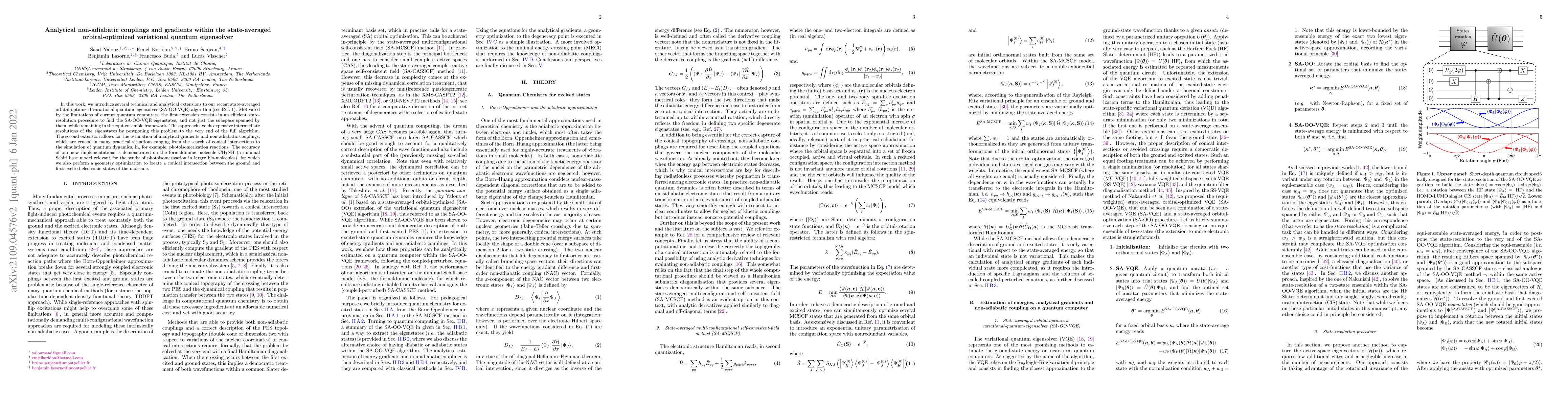 Thumbnail for Analytical nonadiabatic couplings and gradients within the
  state-averaged orbital-optimized variational quantum eigensolver