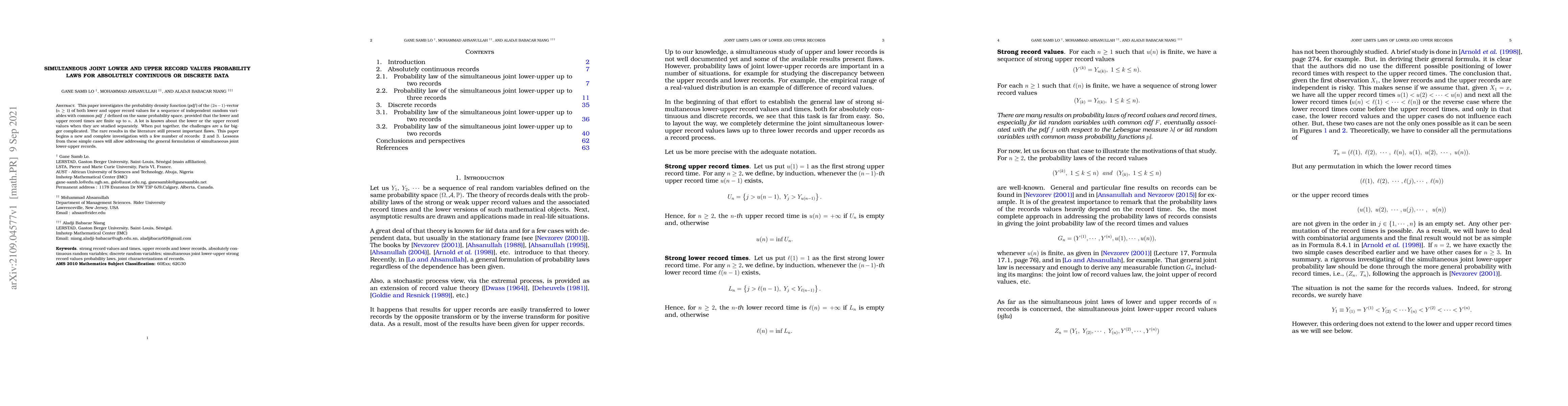 Thumbnail for Simultaneous Joint Lower and Upper record values Probability Laws for
  Absolutely Continuous or Discrete Data