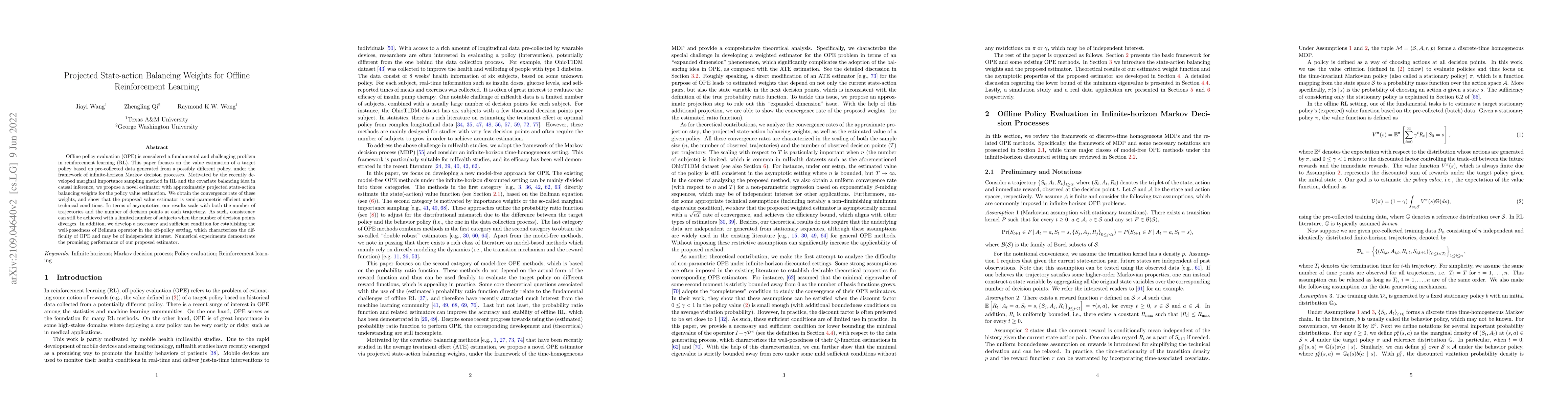 Thumbnail for Projected State-action Balancing Weights for Offline Reinforcement
  Learning