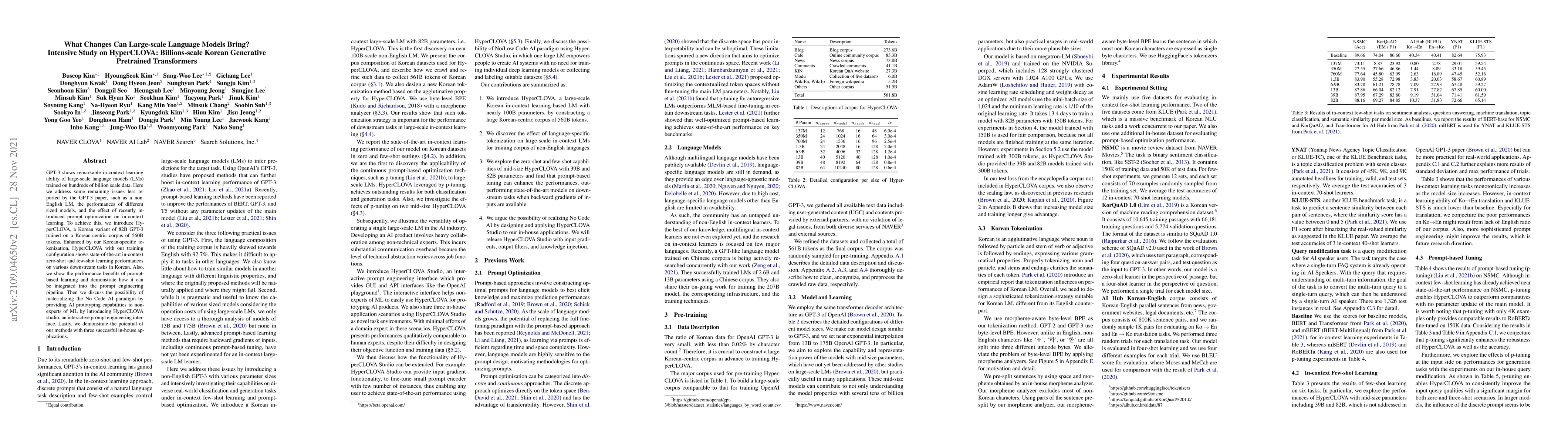 Thumbnail for What Changes Can Large-scale Language Models Bring? Intensive Study on
  HyperCLOVA: Billions-scale Korean Generative Pretrained Transformers