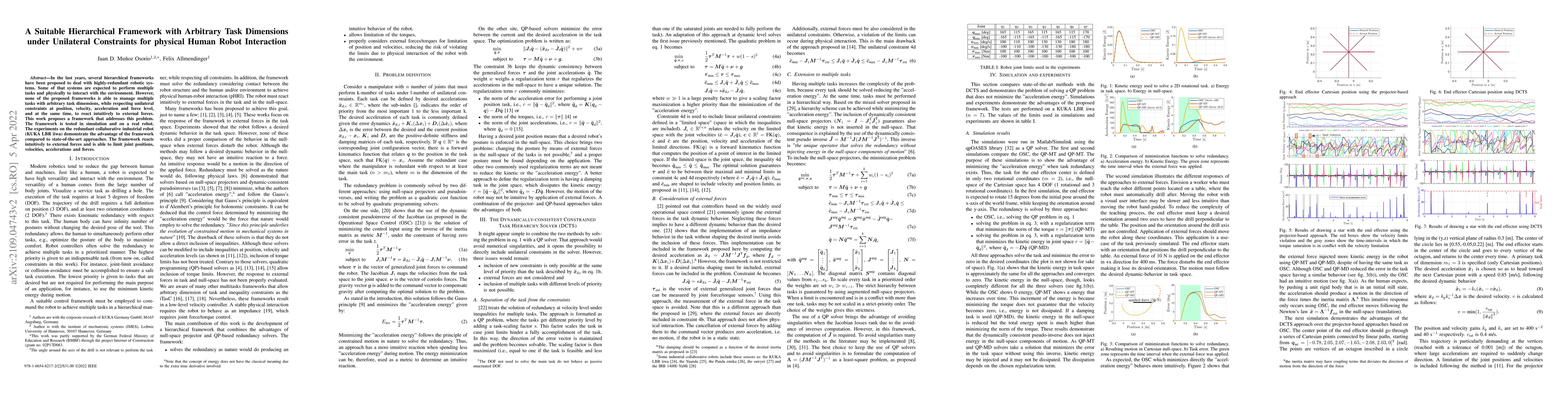 Thumbnail for A Suitable Hierarchical Framework with Arbitrary Task Dimensions under
  Unilateral Constraints for physical Human Robot Interaction