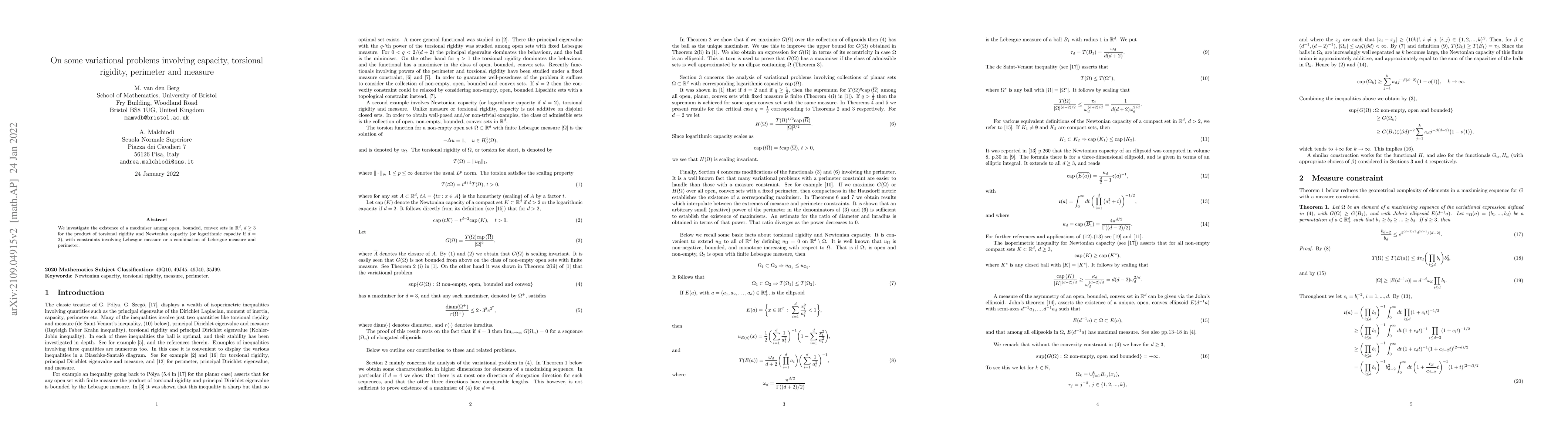 Thumbnail for On some variational problems involving capacity, torsional rigidity,
  perimeter and measure