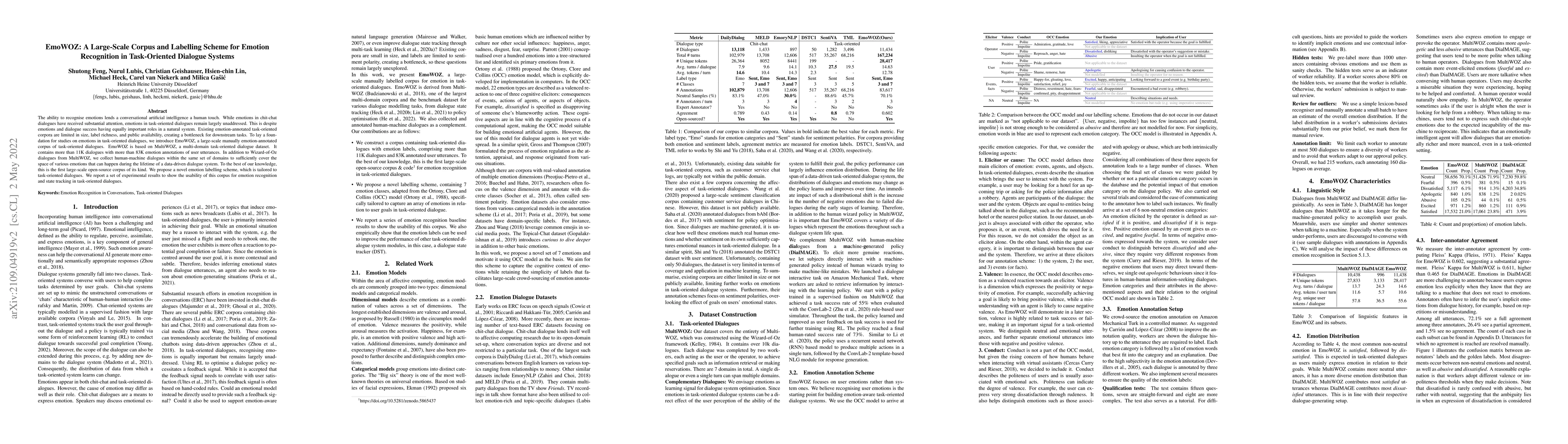 Thumbnail for EmoWOZ: A Large-Scale Corpus and Labelling Scheme for Emotion
  Recognition in Task-Oriented Dialogue Systems