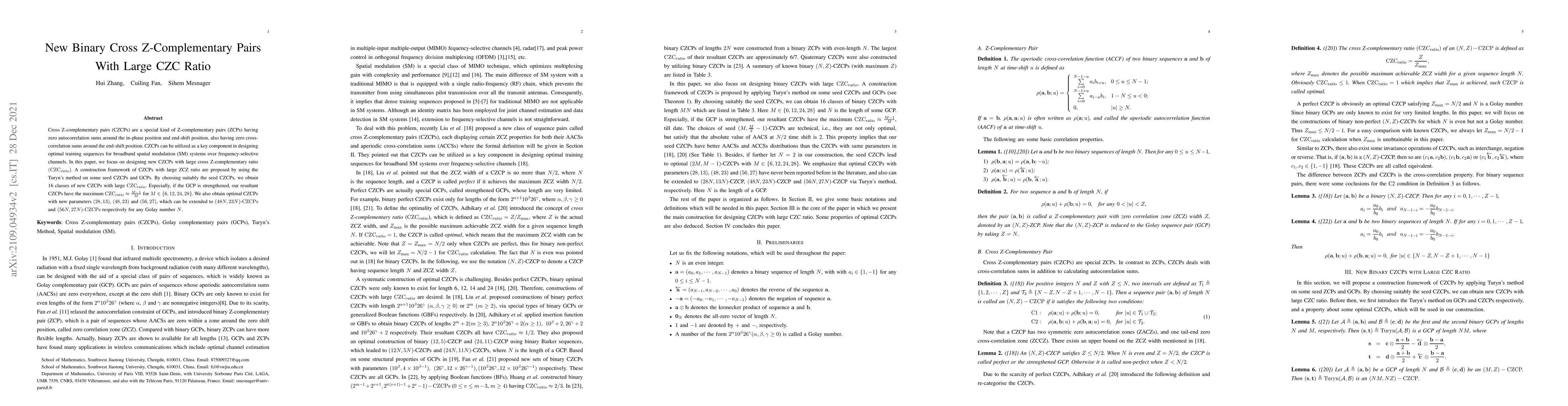 Thumbnail for Constructions of Binary Cross Z-Complementary Pairs With Large CZC Ratio