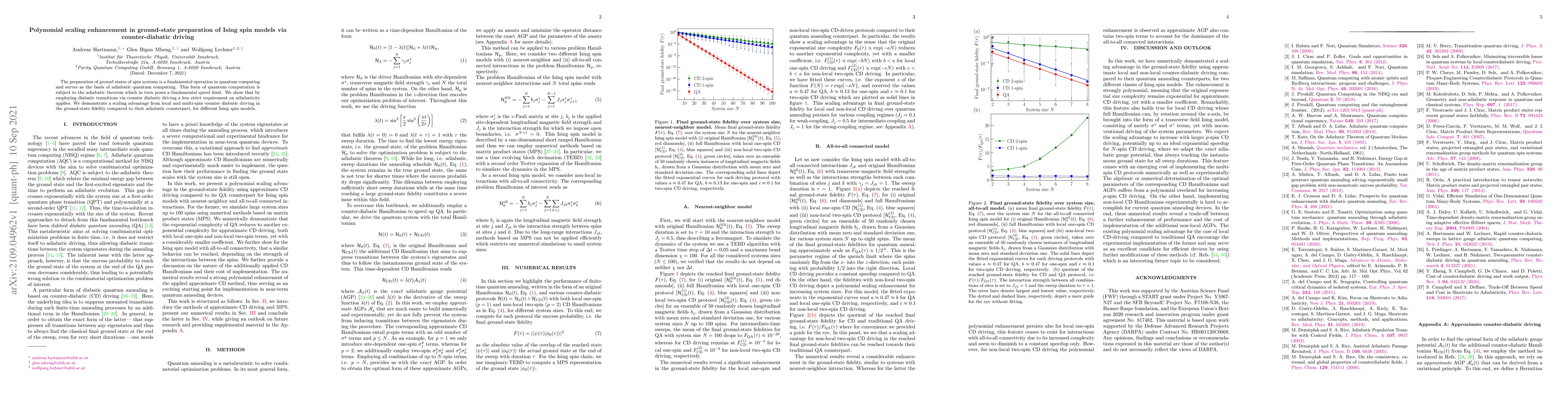 Thumbnail for Polynomial scaling enhancement in ground-state preparation of Ising spin
  models via counter-diabatic driving
