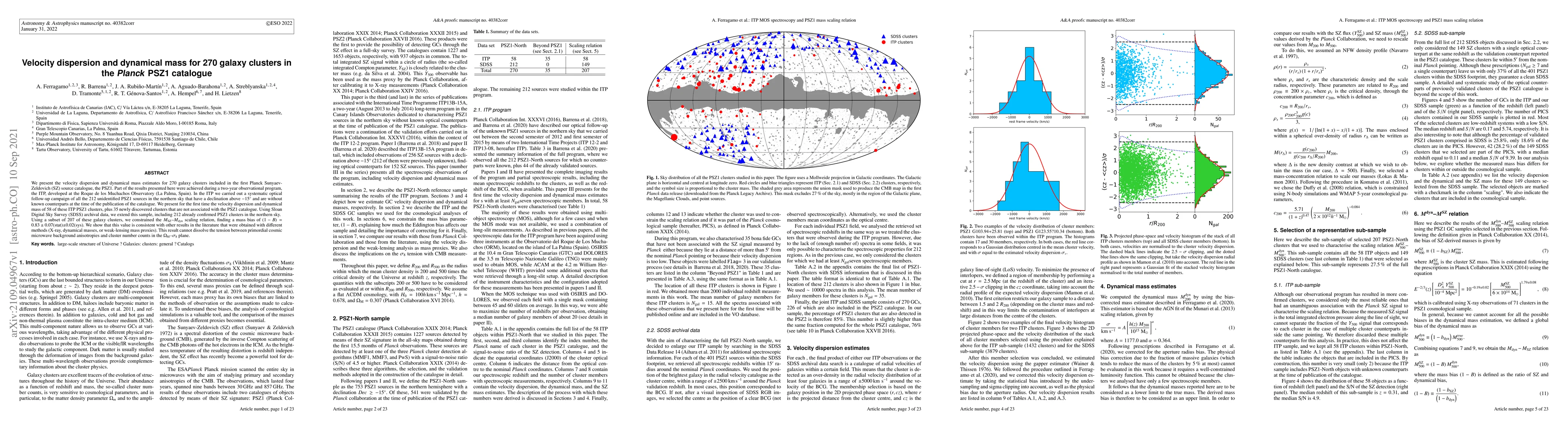 Thumbnail for Velocity dispersion and dynamical mass for 270 galaxy clusters in the
  Planck PSZ1 catalogue