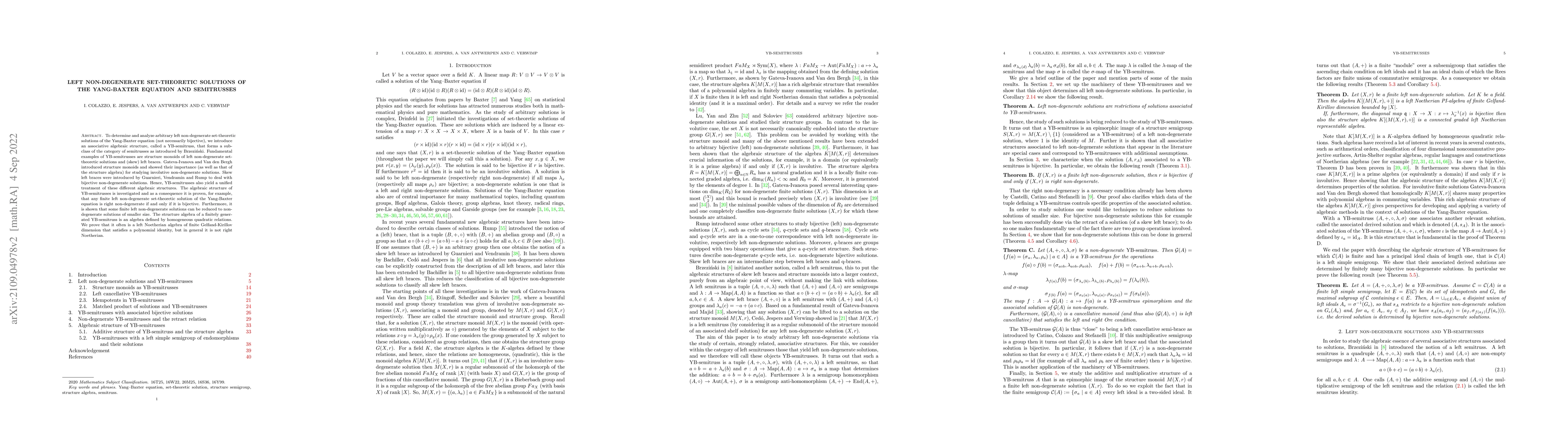Thumbnail for Left non-degenerate set-theoretic solutions of the Yang-Baxter equation
  and semitrusses