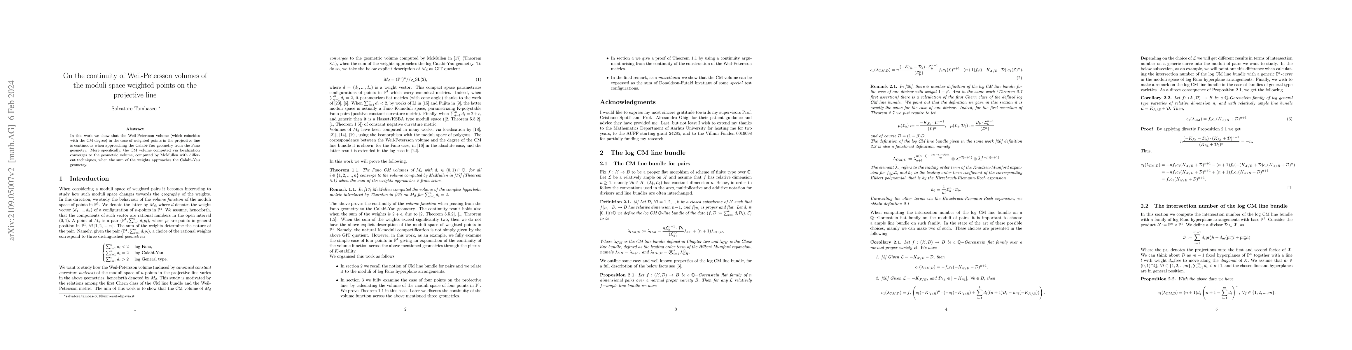 Thumbnail for On the continuity of Weil-Petersson volumes of the moduli space weighted
  points on the projective line