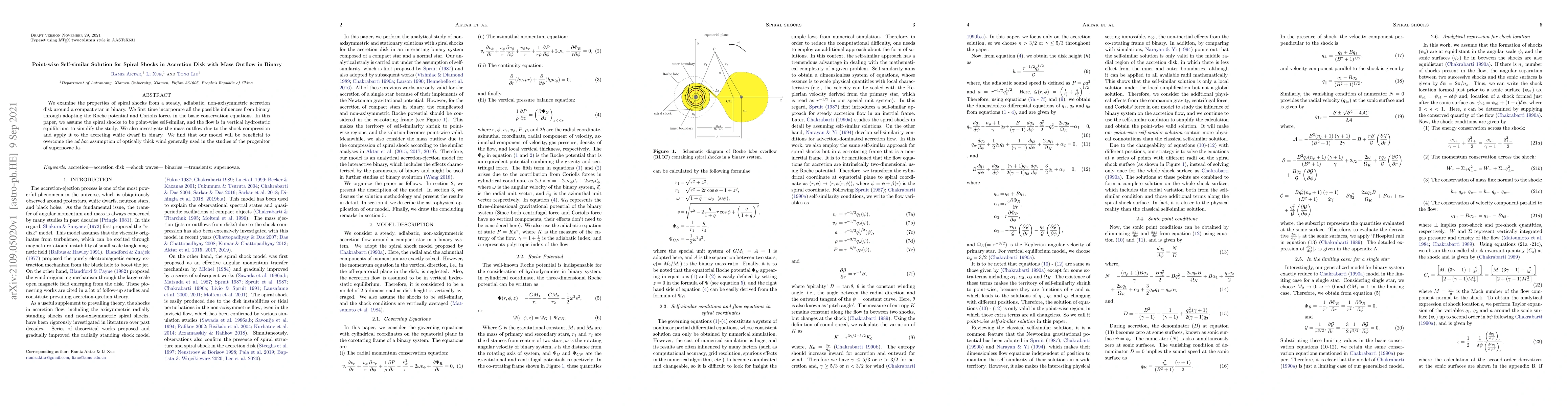 Thumbnail for Point-wise Self-similar Solution for Spiral Shocks in Accretion Disk
  with Mass Outflow in Binary