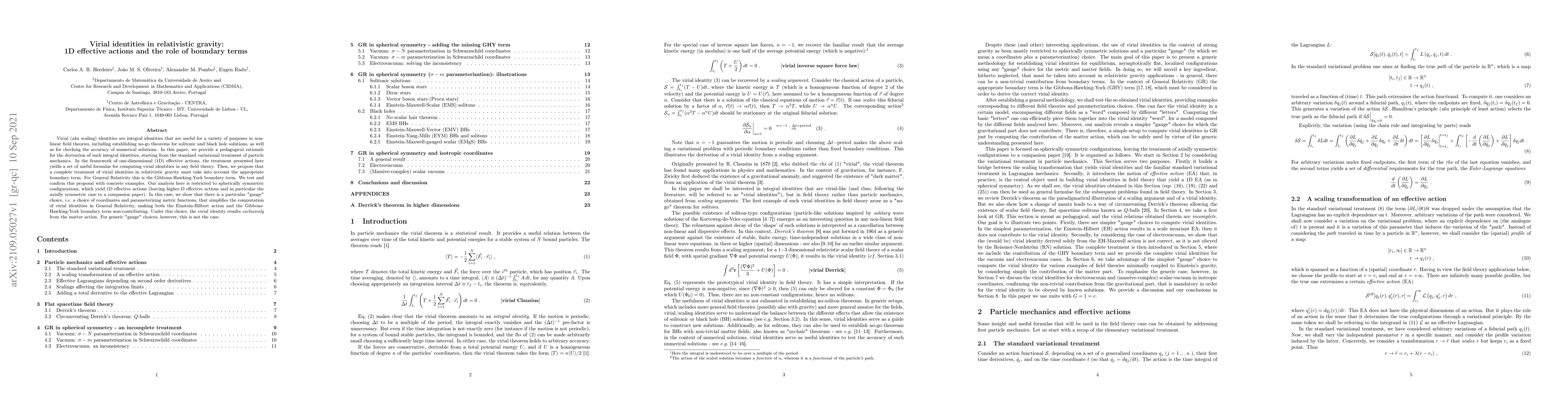 Thumbnail for Virial identities in relativistic gravity: 1D effective actions and the
  role of boundary terms