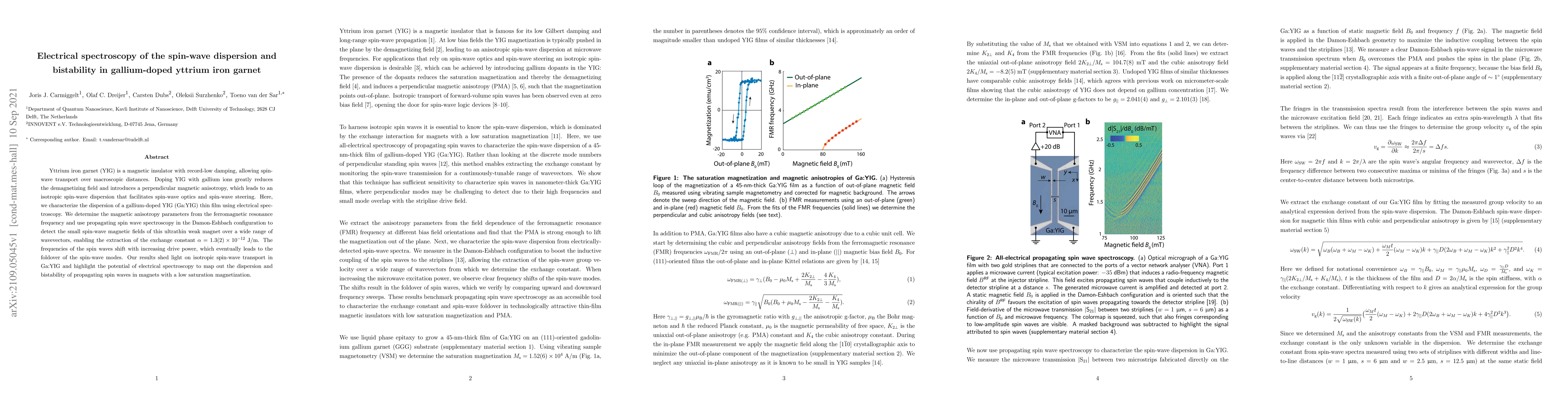 Thumbnail for Electrical spectroscopy of the spin-wave dispersion and bistability in
  gallium-doped yttrium iron garnet