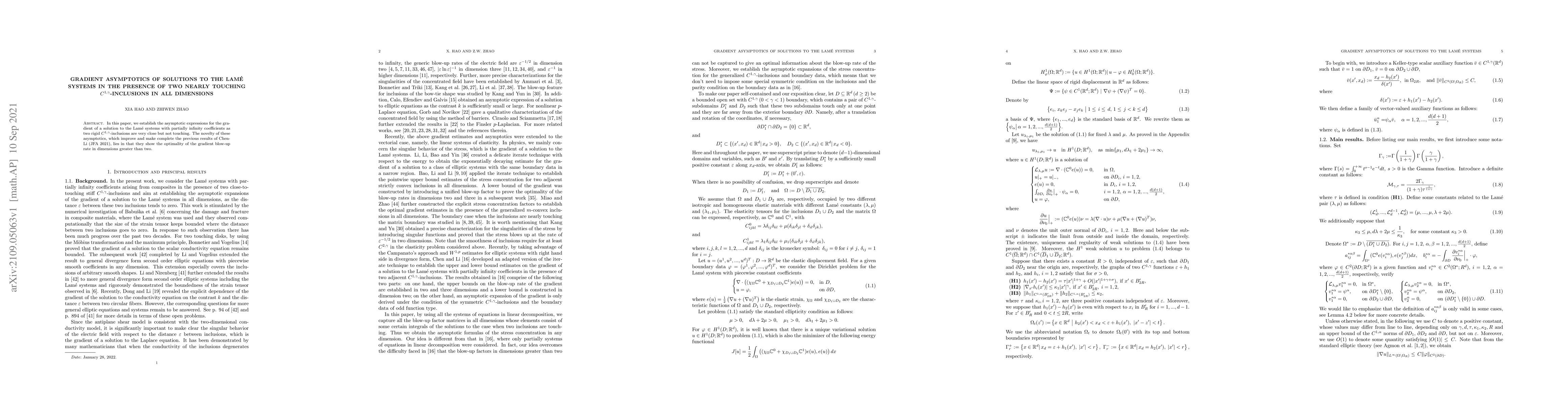 Thumbnail for Gradient asymptotics of solutions to the Lam\'{e} systems in the
  presence of two nearly touching $C^{1,\gamma}$-inclusions in all dimensions