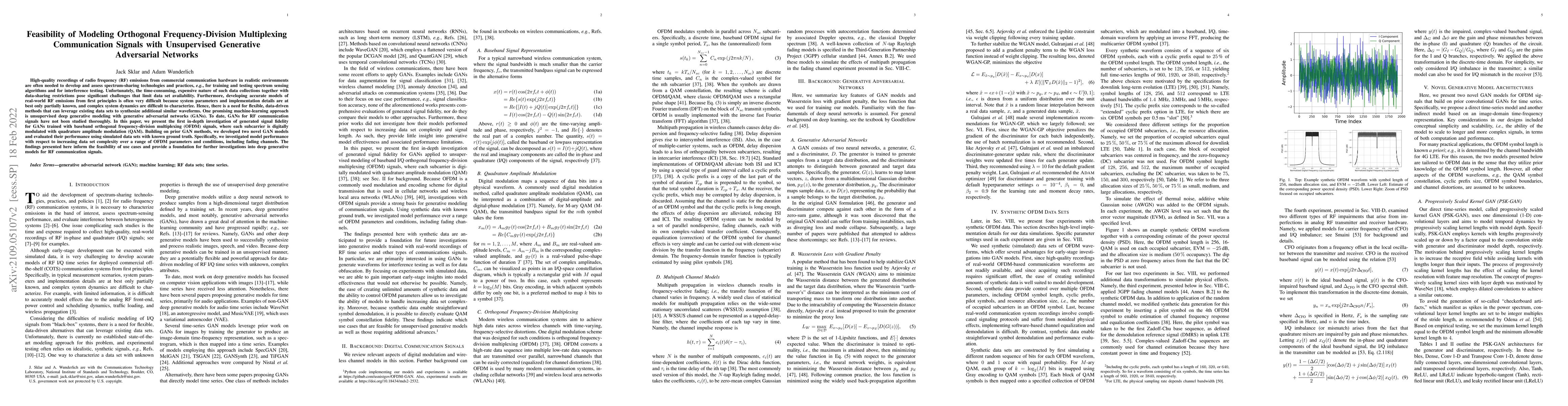 Thumbnail for Feasibility of Modeling Orthogonal Frequency-Division Multiplexing
  Communication Signals with Unsupervised Generative Adversarial Networks