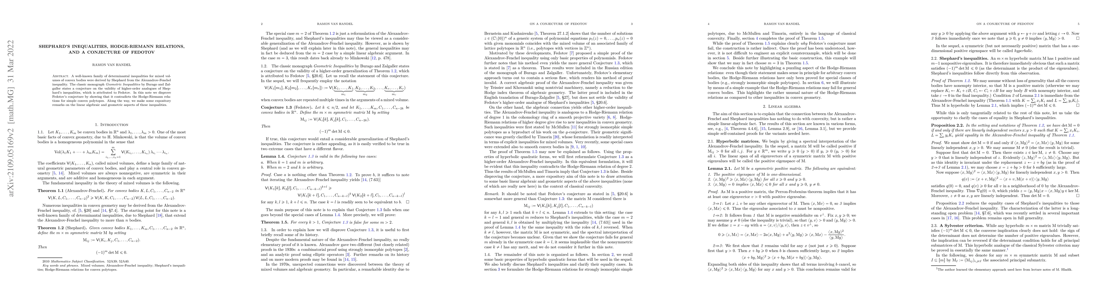 Thumbnail for Shephard's inequalities, Hodge-Riemann relations, and a conjecture of
  Fedotov