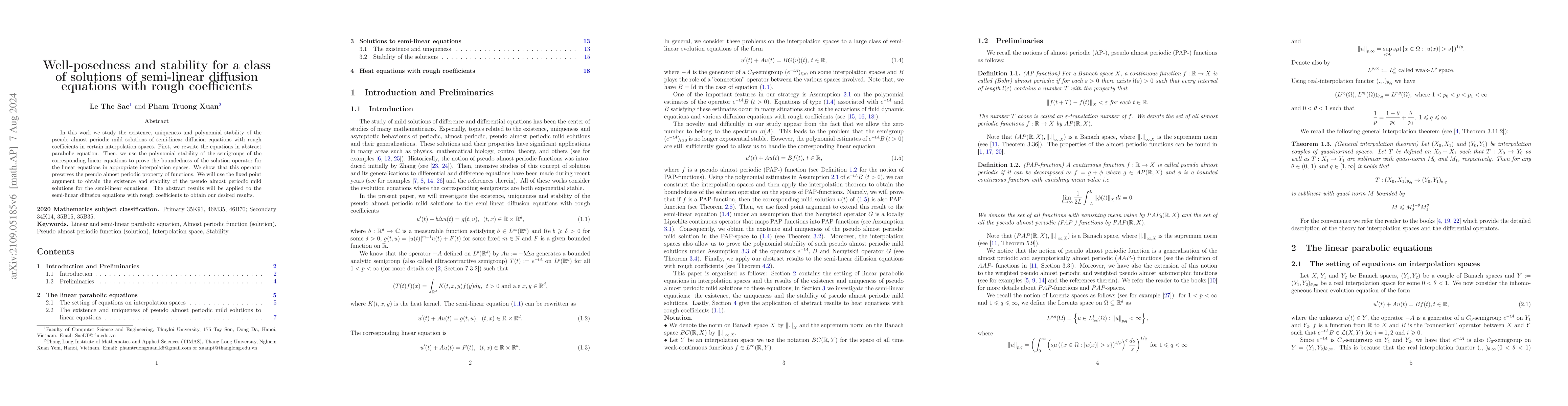 Thumbnail for Well-posedness and stability for a class of solutions of semi-linear
  diffusion equations with rough coefficients