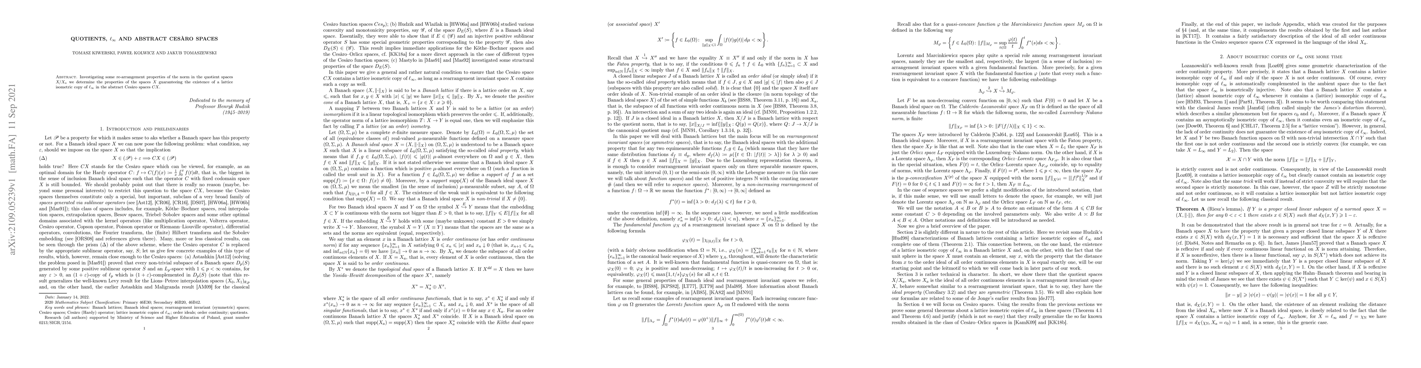 Thumbnail for Quotients, $\ell_\infty$ and abstract Ces\`aro spaces
