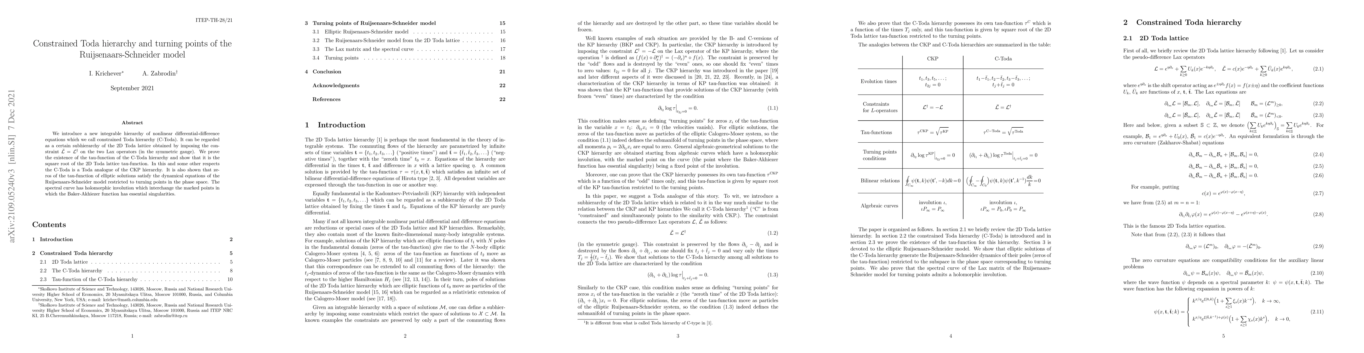 Thumbnail for Constrained Toda hierarchy and turning points of the
  Ruijsenaars-Schneider model