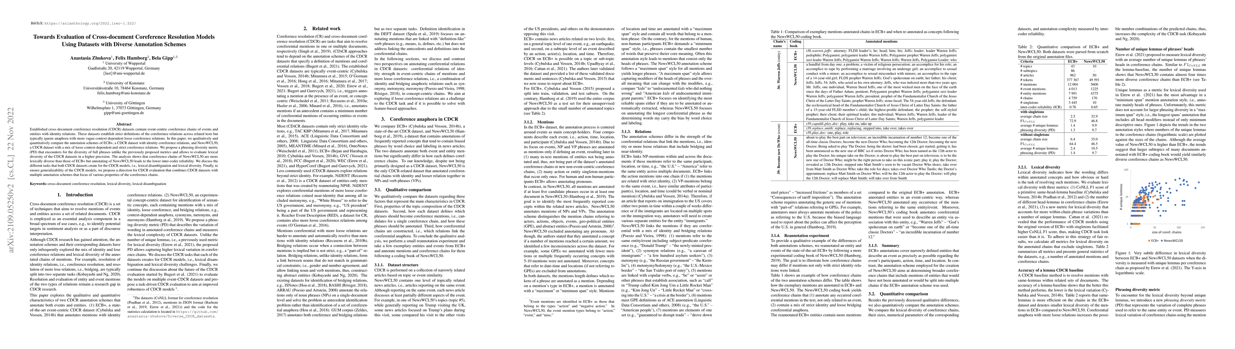 Thumbnail for Towards Evaluation of Cross-document Coreference Resolution Models Using
  Datasets with Diverse Annotation Schemes