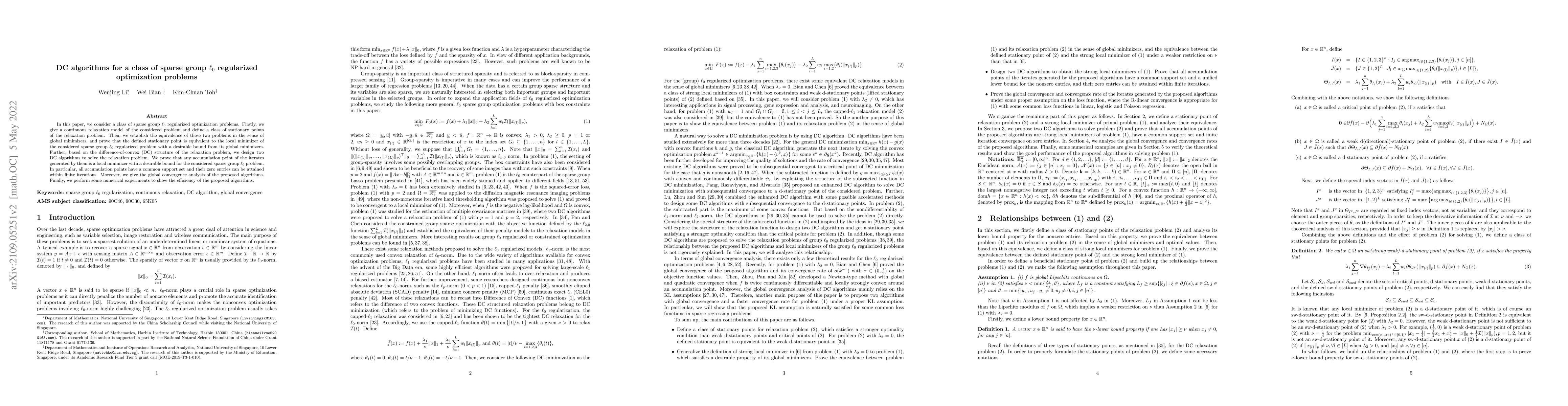 Thumbnail for DC algorithms for a class of sparse group $\ell_0$ regularized
  optimization problems