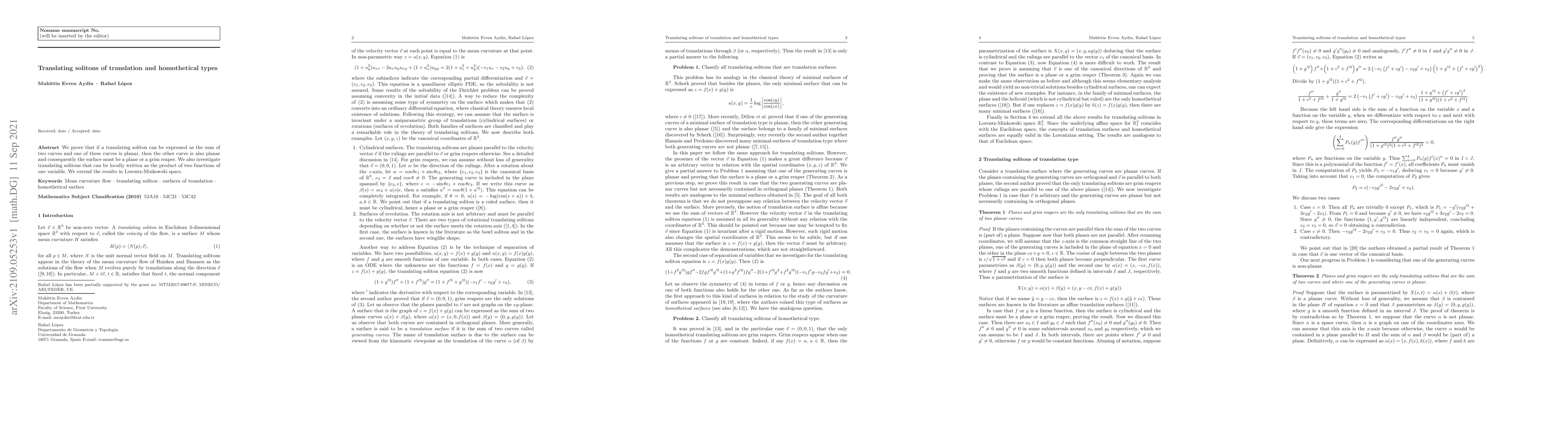 Thumbnail for Translating solitons of translation and homothetical types