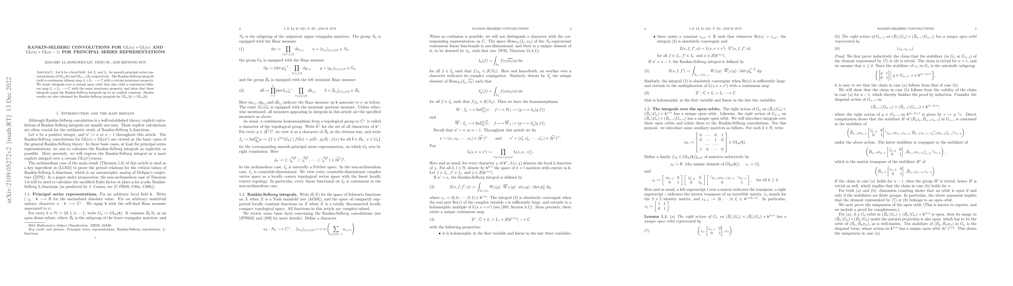Thumbnail for Rankin-Selberg convolutions for $\mathrm{GL}(n)\times \mathrm{GL}(n)$
  and $\mathrm{GL}(n)\times \mathrm{GL}(n-1)$ for principal series
  representations